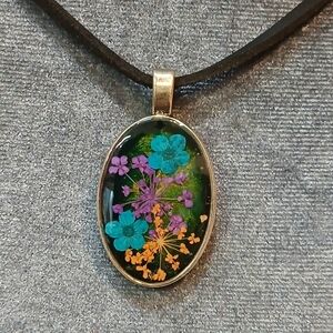Handmade Teal & Purple Floral Oval Pendant Necklace